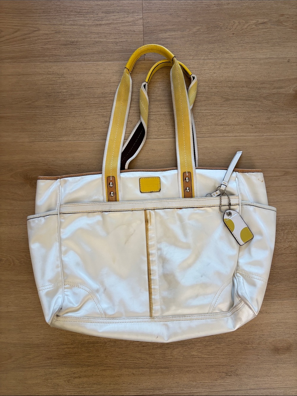 Coach White Tote with Yellow Trim and Handles